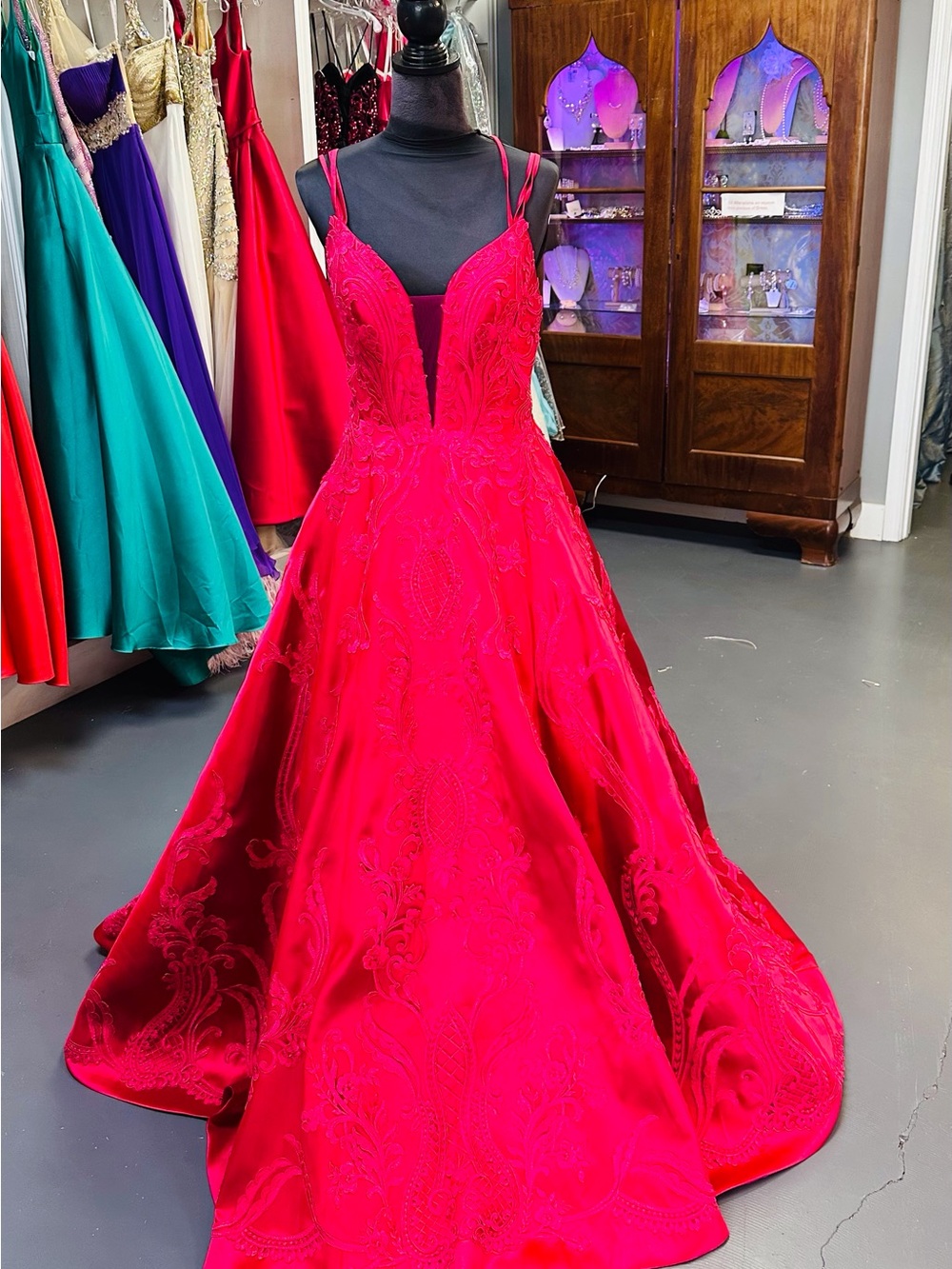 Mon Cheri Vibrant Red Embroidered Ball Gown